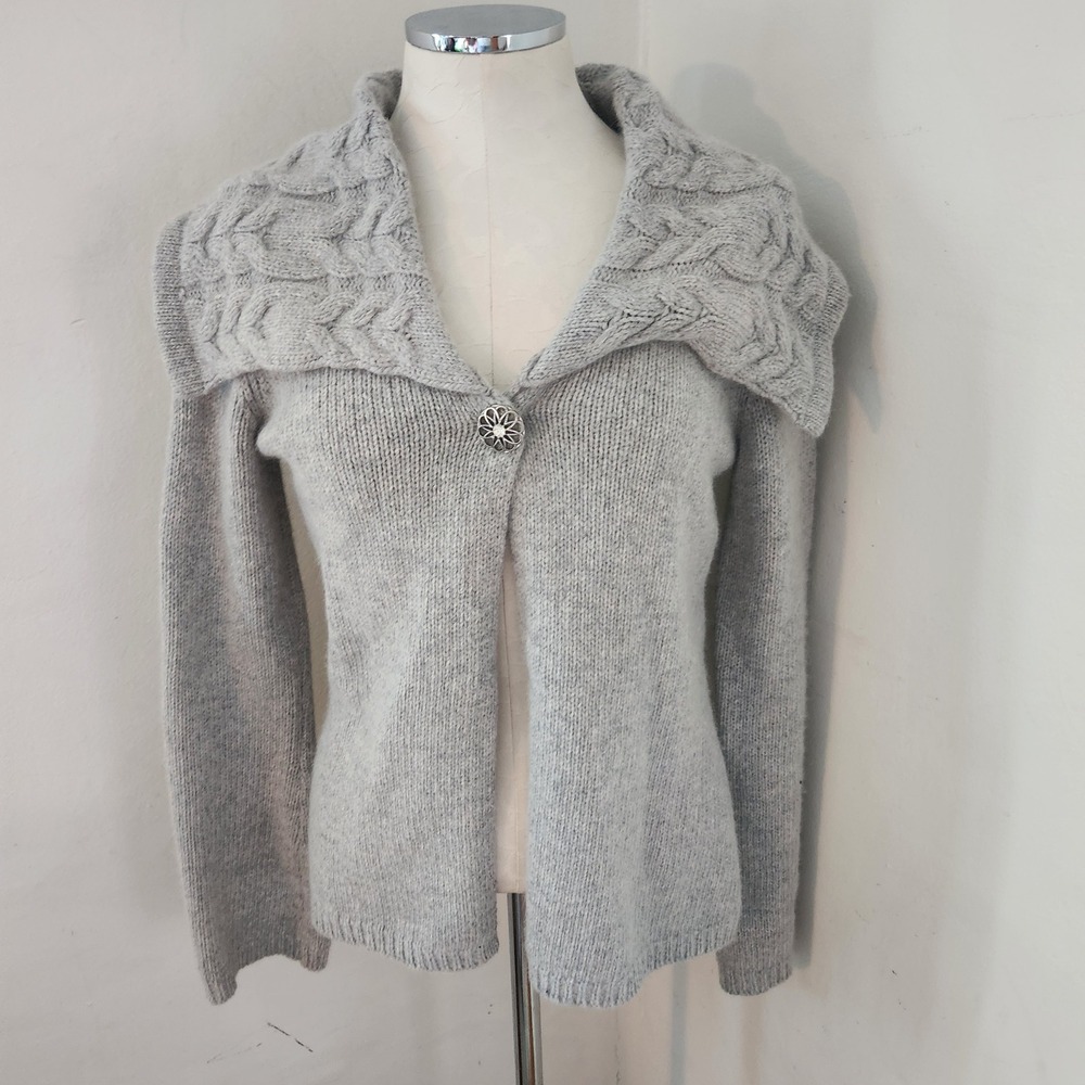 Sarah Spencer Gray Lambswool Angora Cable Knit Shawl Collar Cardigan Sweater M